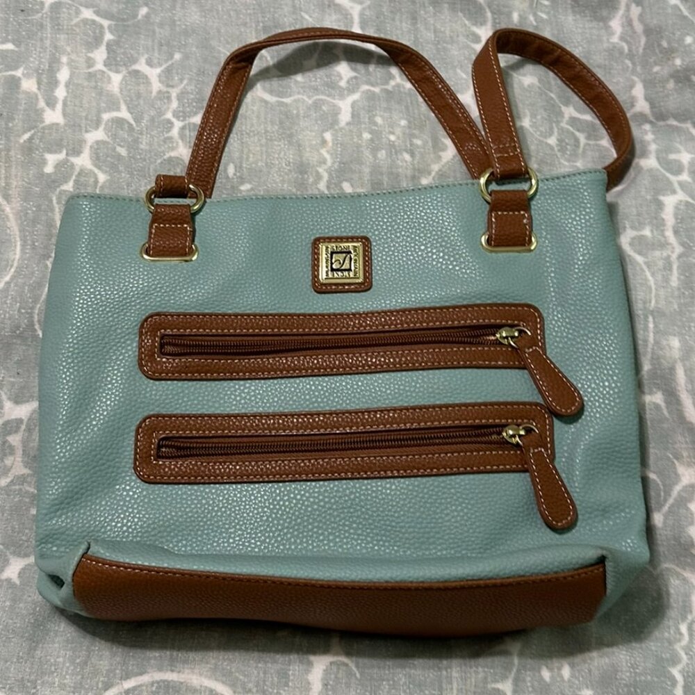 Stone Mountain Handbags Purse Blue and Tan Leather Satchel